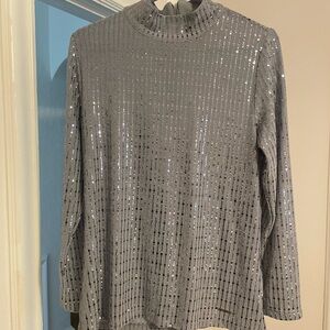 Anne Klein Silver Sequin Ribbed Mock Neck Top